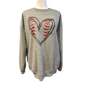 Baseball Heart Women's Gray Crewneck Sweatshirt L